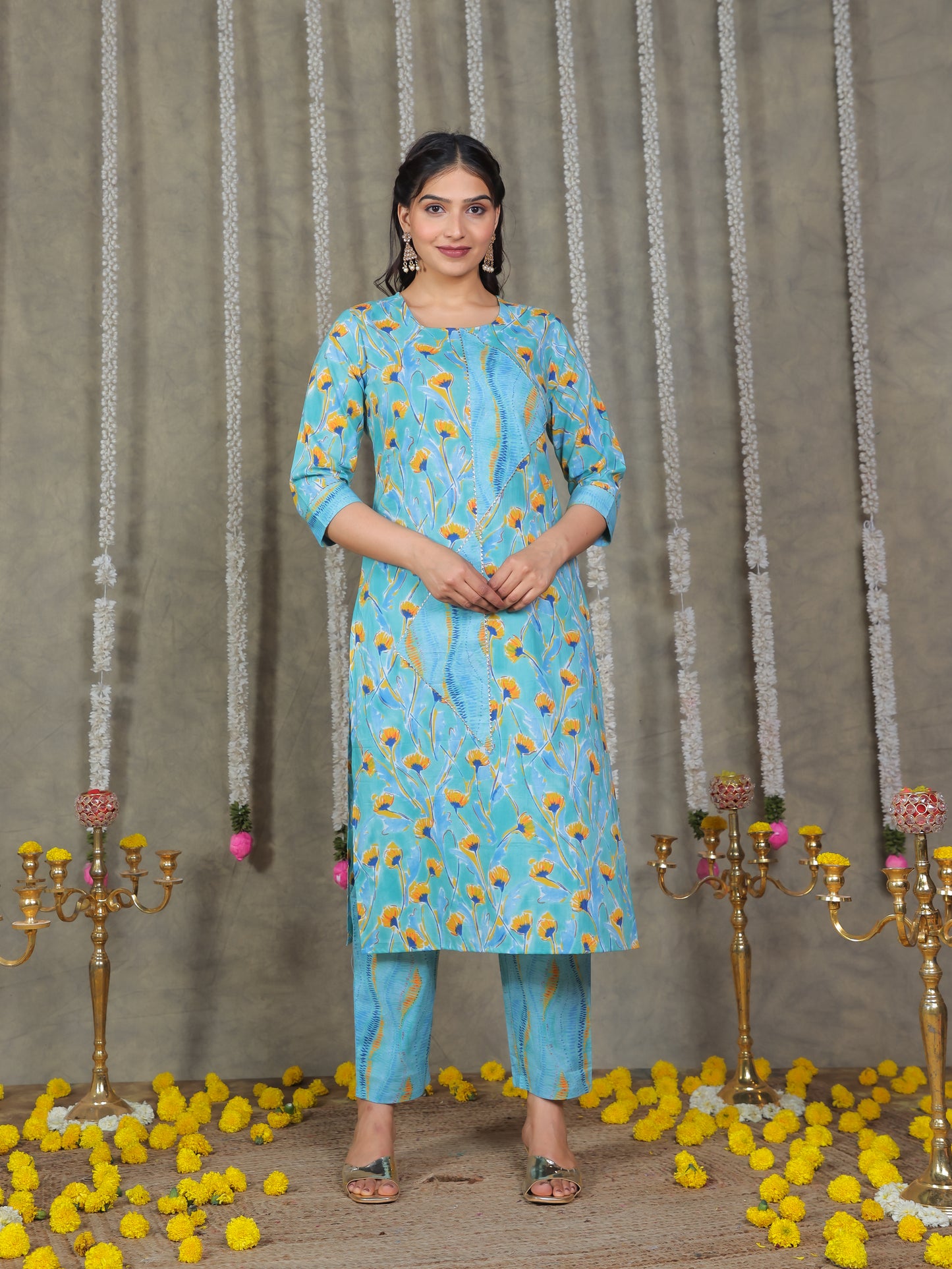 Soft Cotton Abstract Straight Blue Kurta