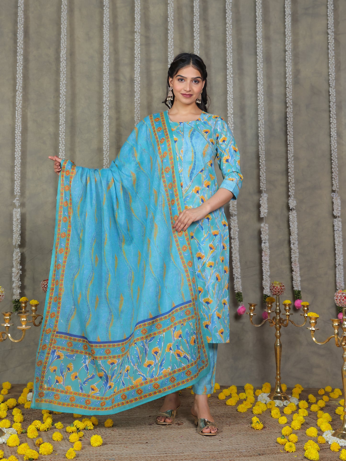 Soft Cotton Abstract Straight Blue Kurta