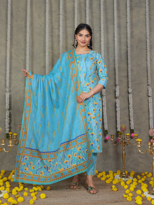 Soft Cotton Abstract Straight Blue Kurta