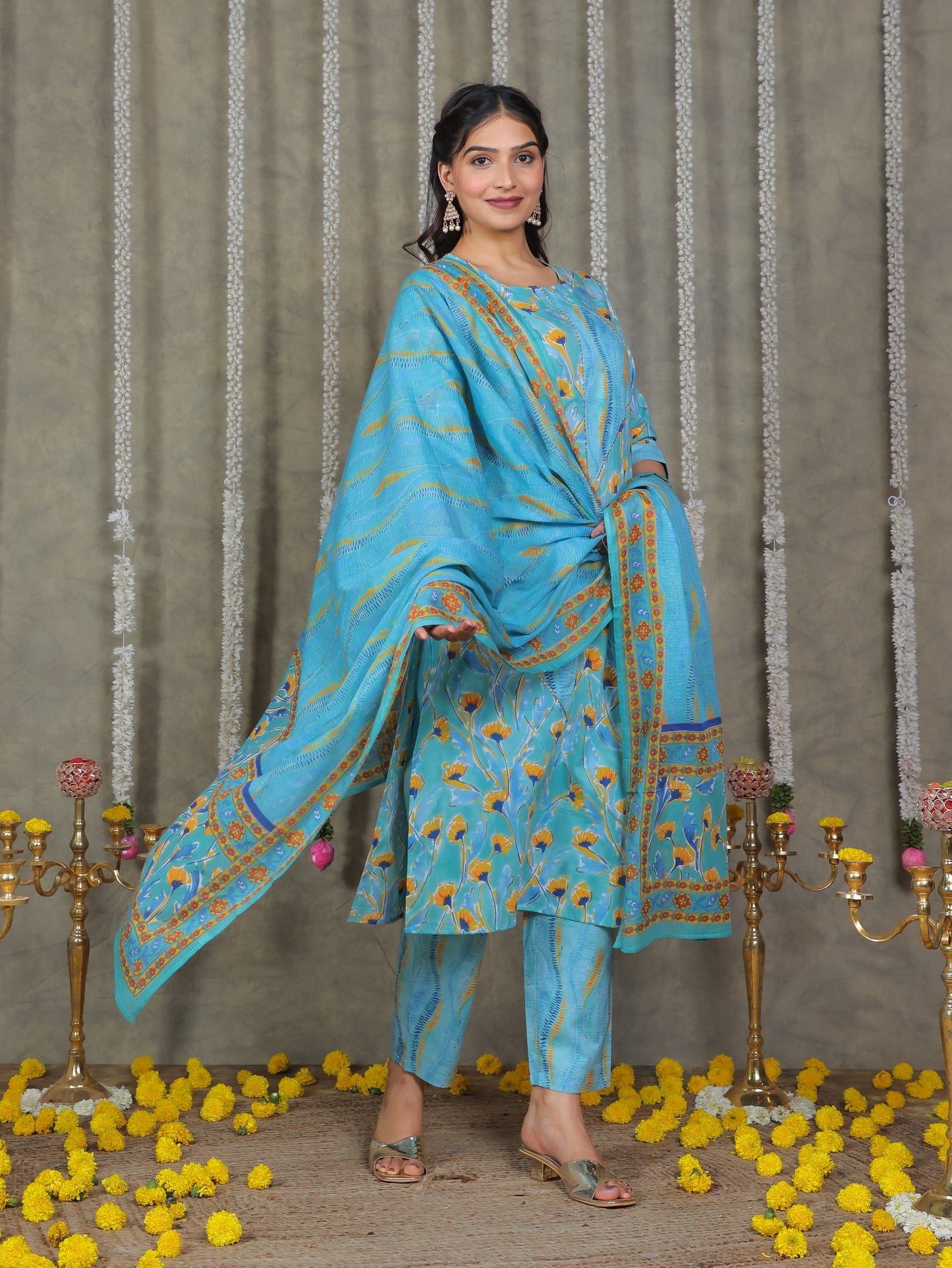 Soft Cotton Abstract Straight Blue Kurta