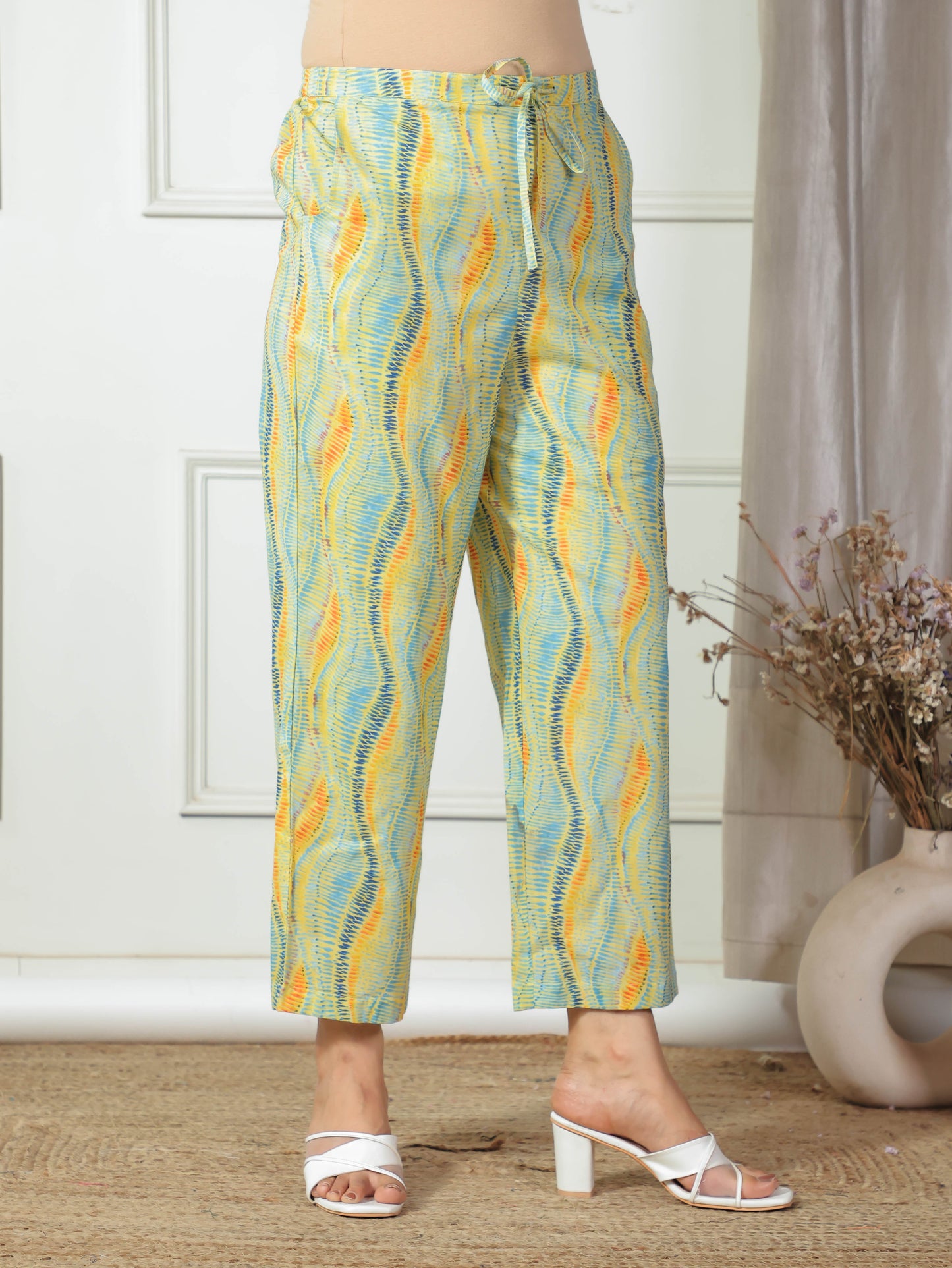 Soft Cotton Floral Yellow Straight Trousers