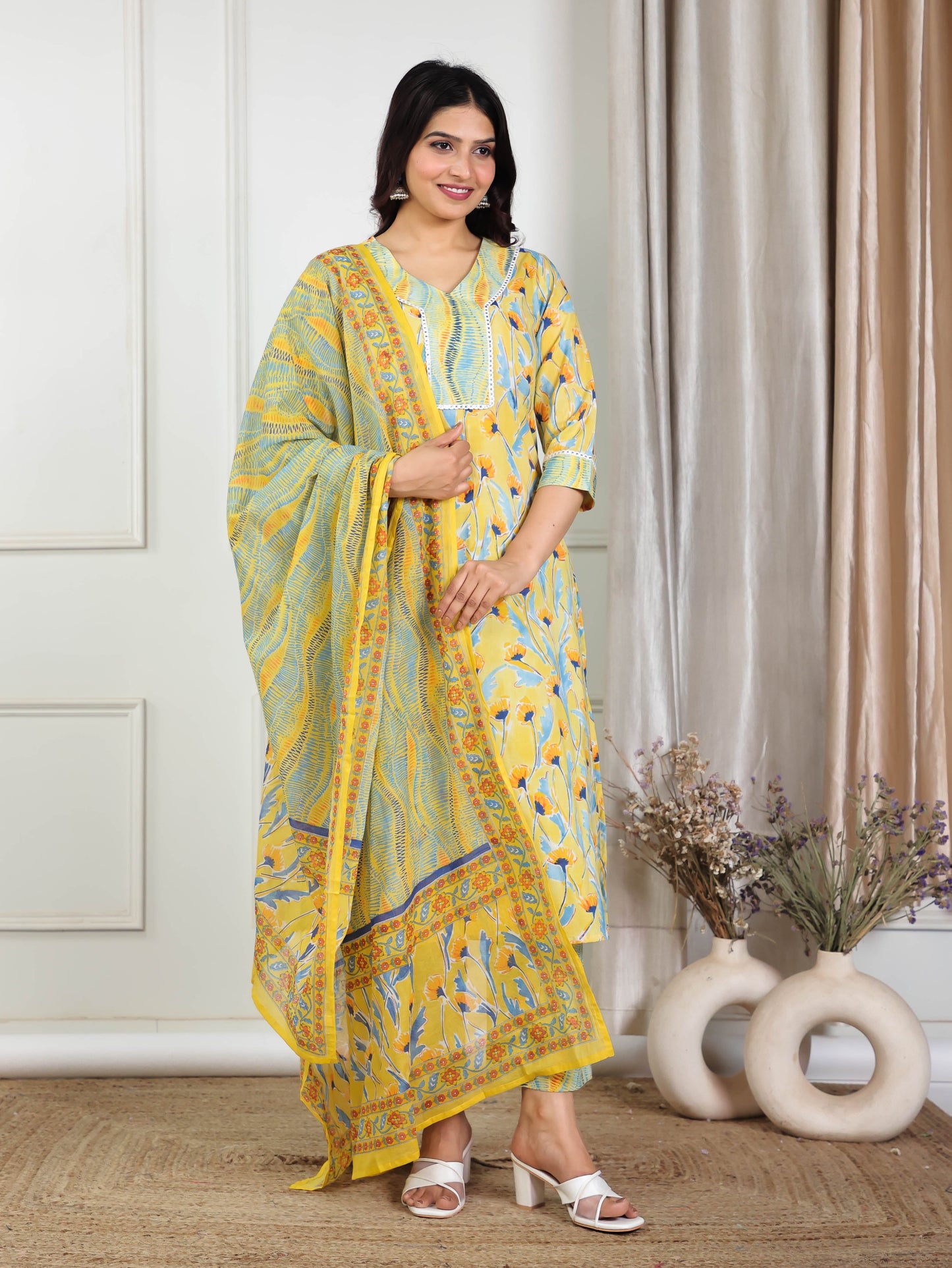 Cotton Voile Abstract Yellow Dupatta