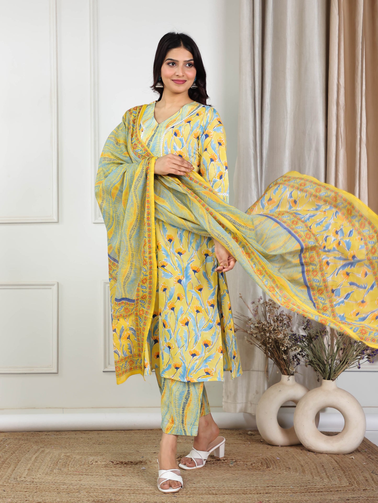 Cotton Voile Abstract Yellow Dupatta