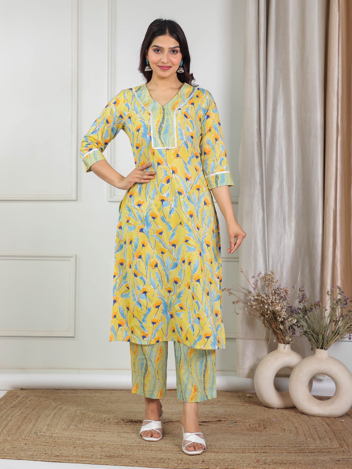 Soft Cotton Floral Straight Yellow Kurta