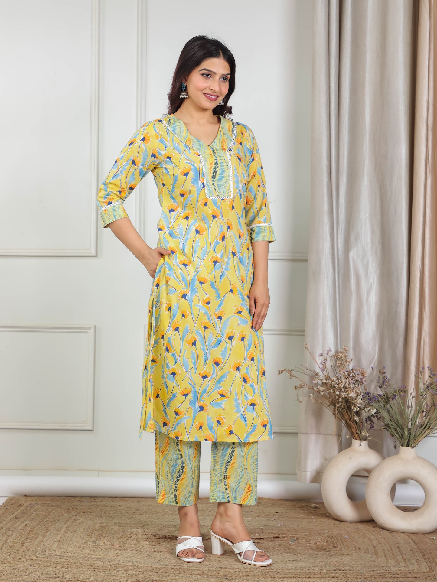 Soft Cotton Floral Straight Yellow Kurta