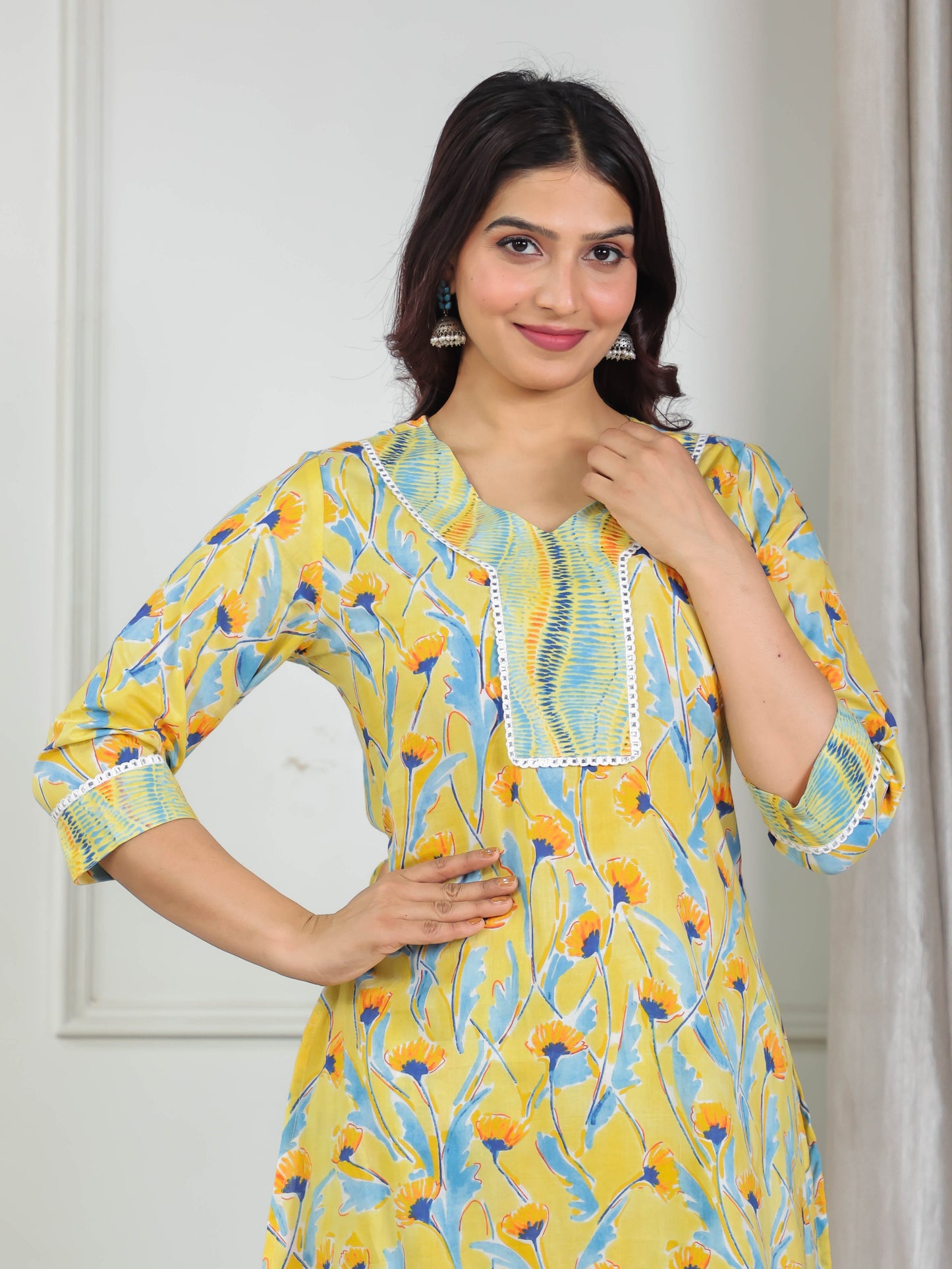 Soft Cotton Floral Straight Yellow Kurta