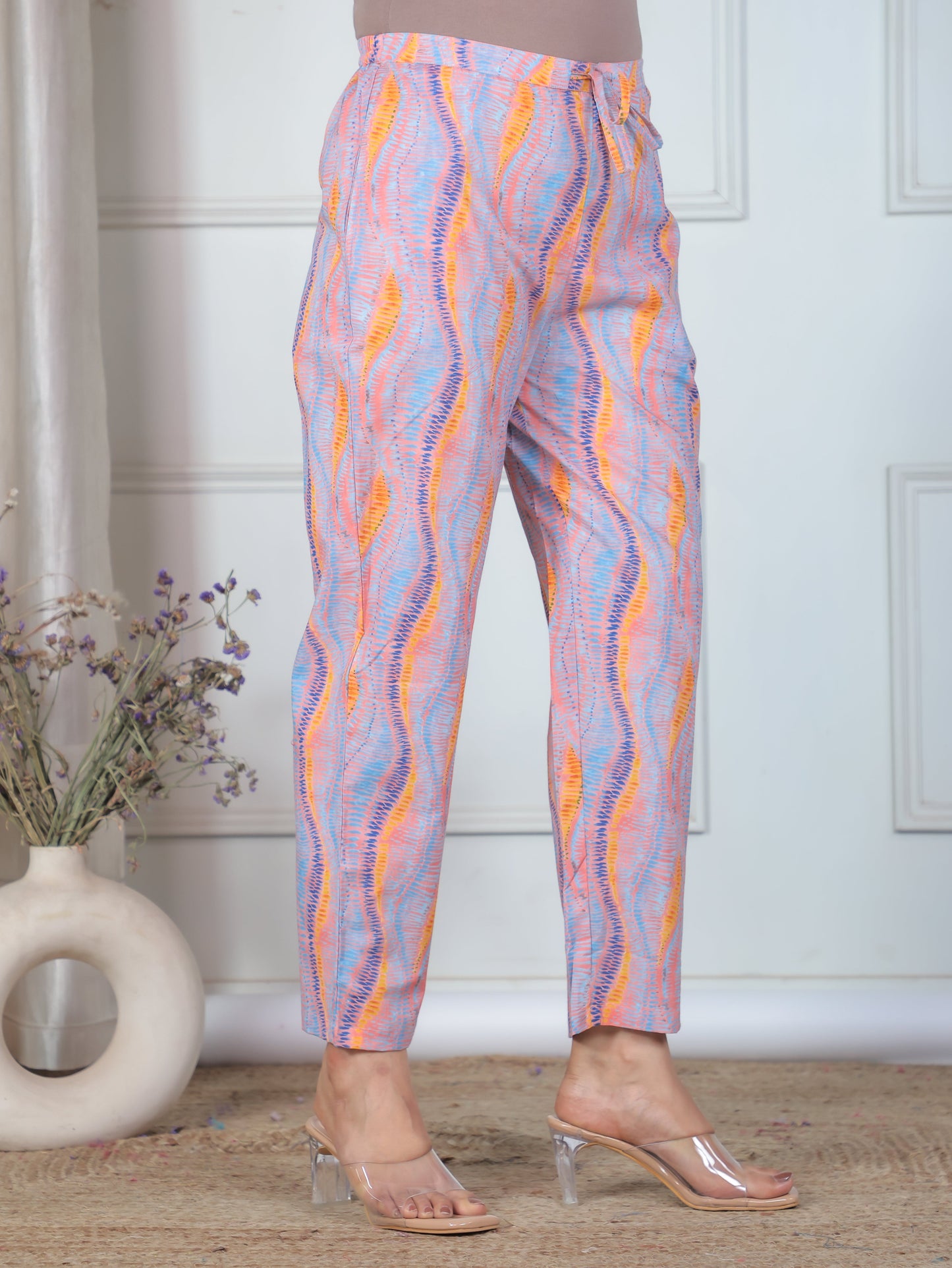 Soft Cotton Abstract Peach Trousers  Tapered Trousers