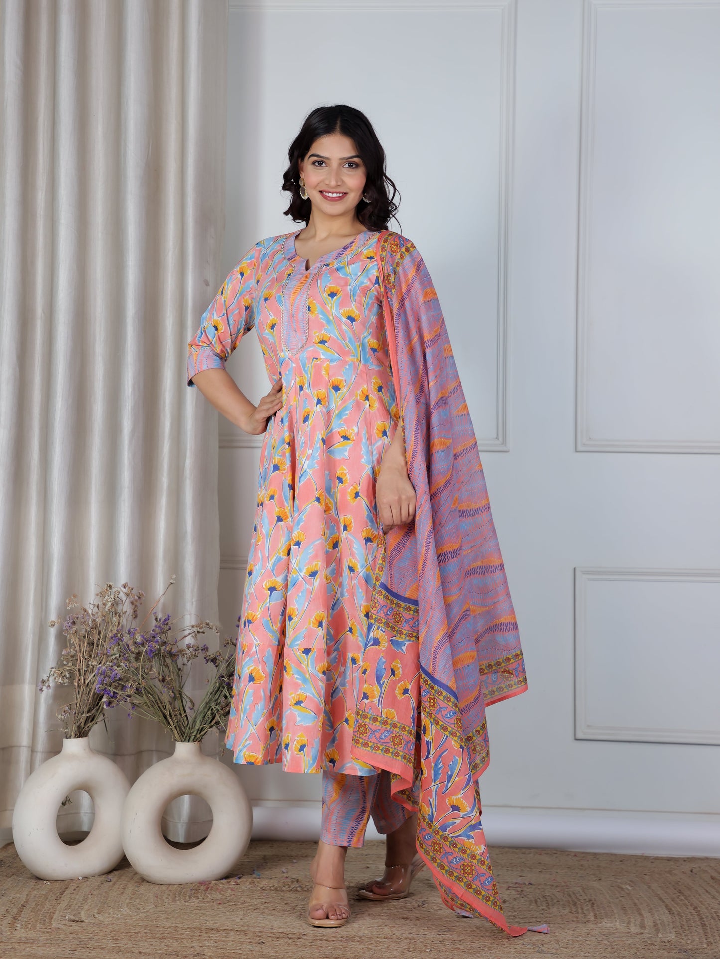 Soft Cotton Floral Anarkali Peach Kurta