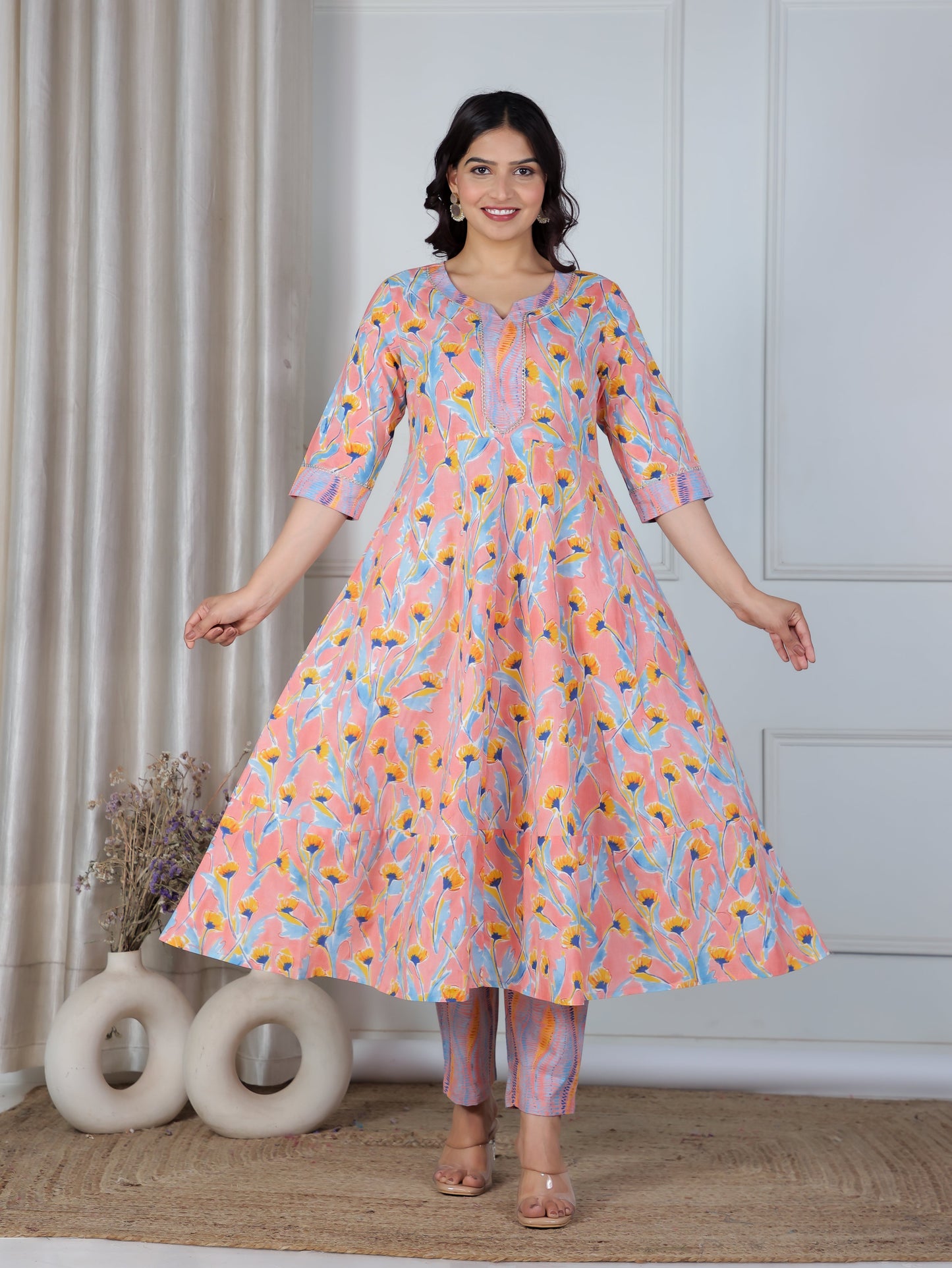Soft Cotton Floral Anarkali Peach Kurta