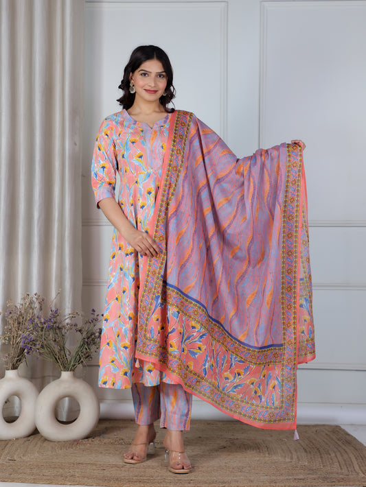 Soft Cotton Floral Anarkali Peach Kurta