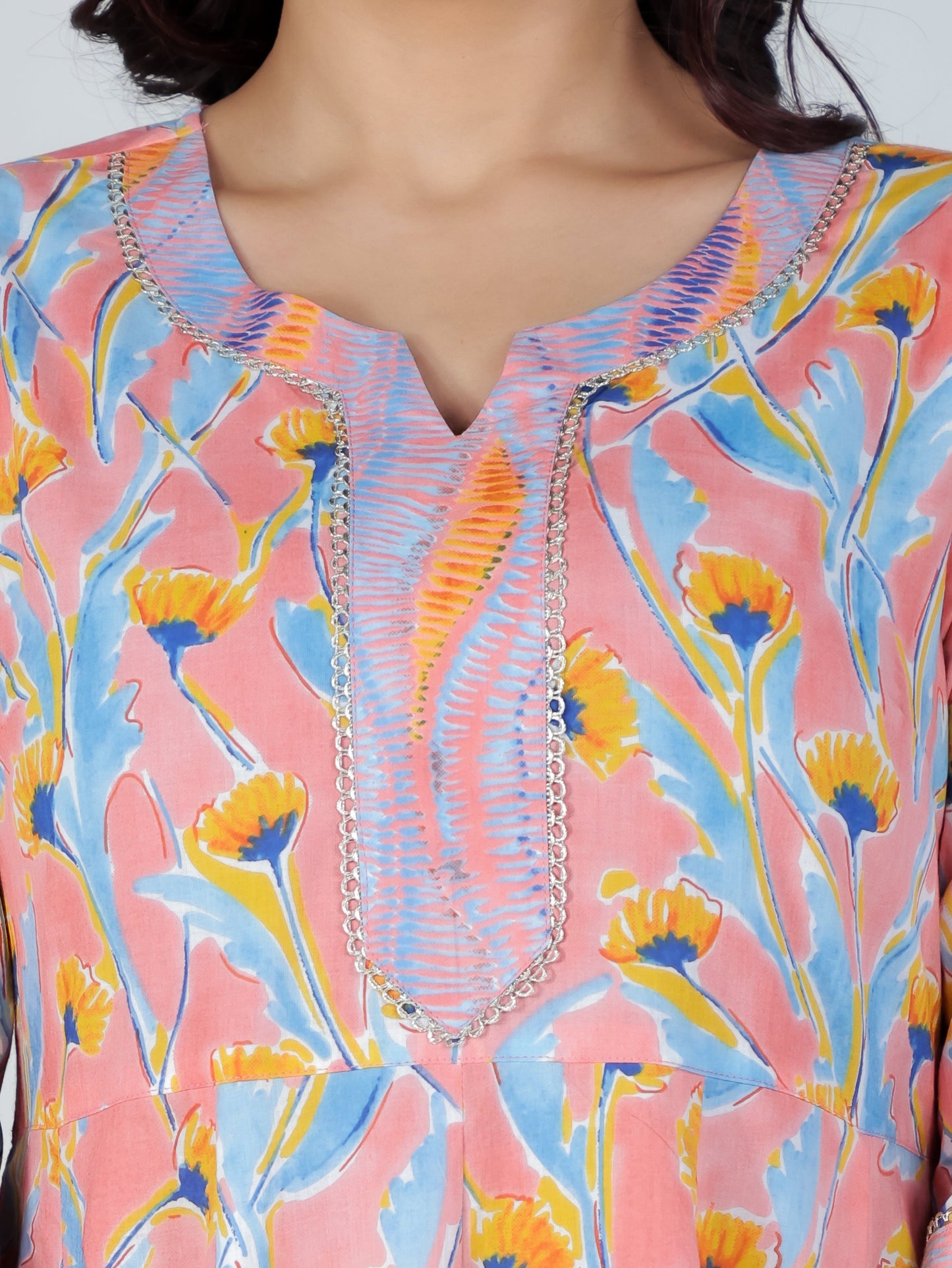 Soft Cotton Floral Anarkali Peach Kurta