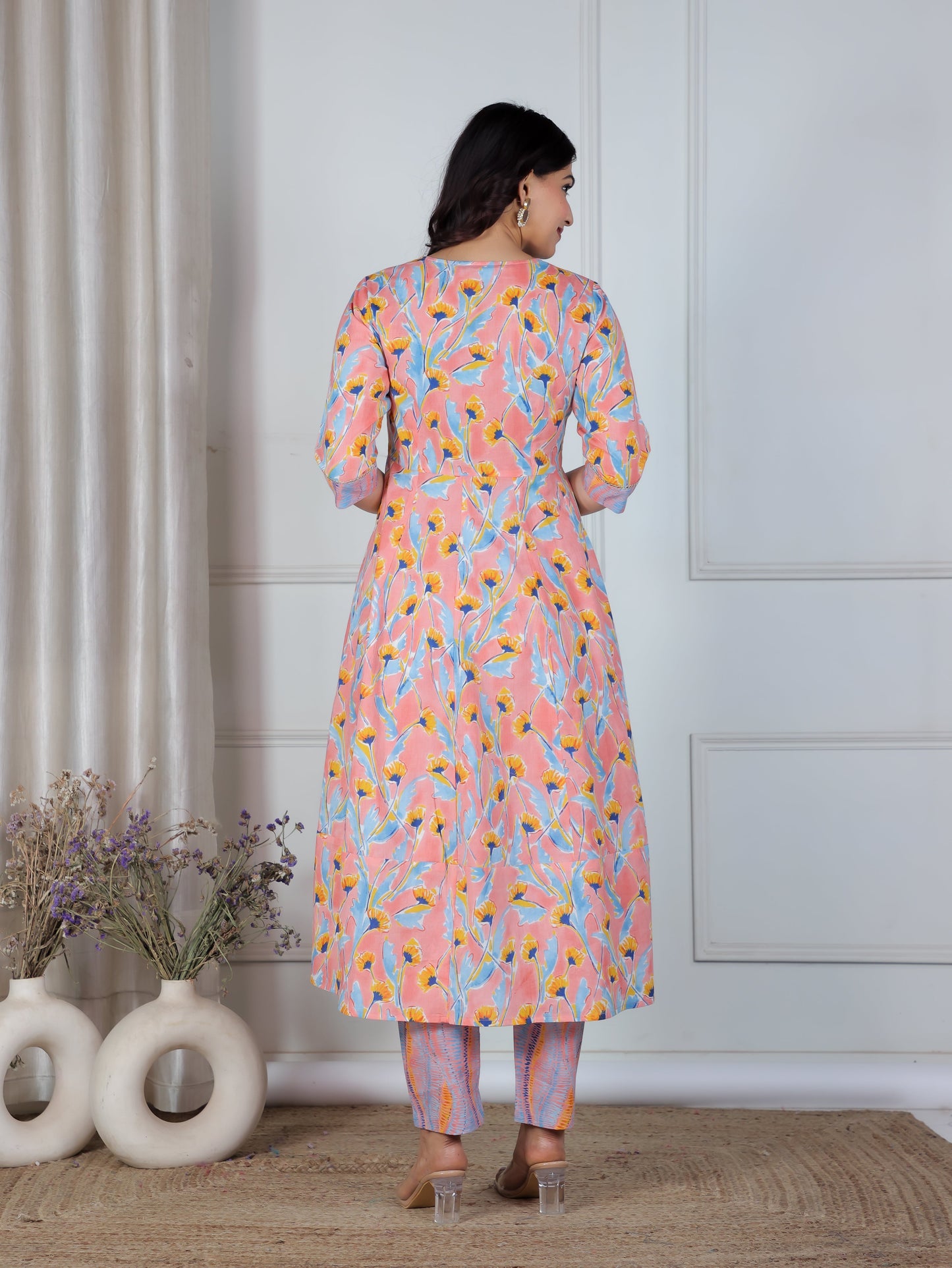 Soft Cotton Floral Anarkali Peach Kurta