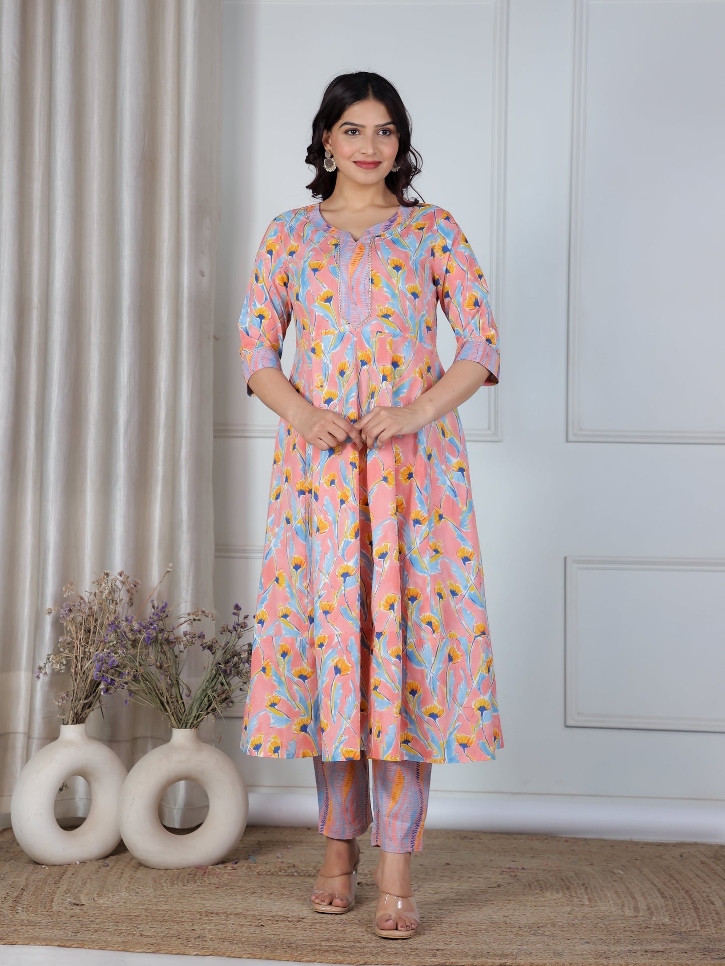 Soft Cotton Floral Anarkali Peach Kurta