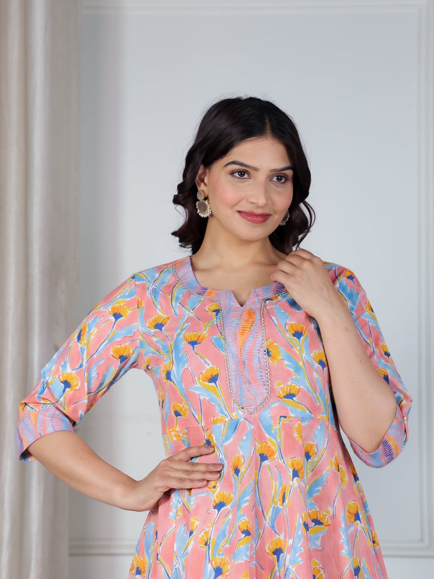 Soft Cotton Floral Anarkali Peach Kurta