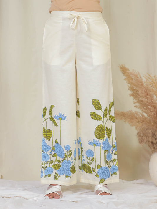 Linen Cotton Placement Print Off White Palazzo