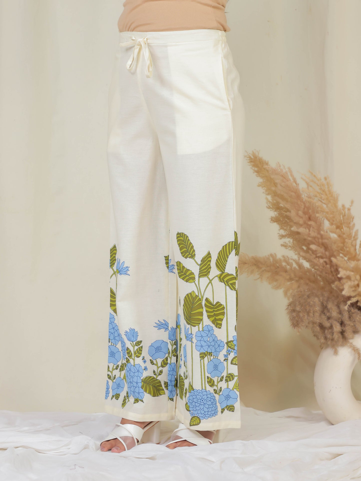 Linen Cotton Placement Print Off White Palazzo
