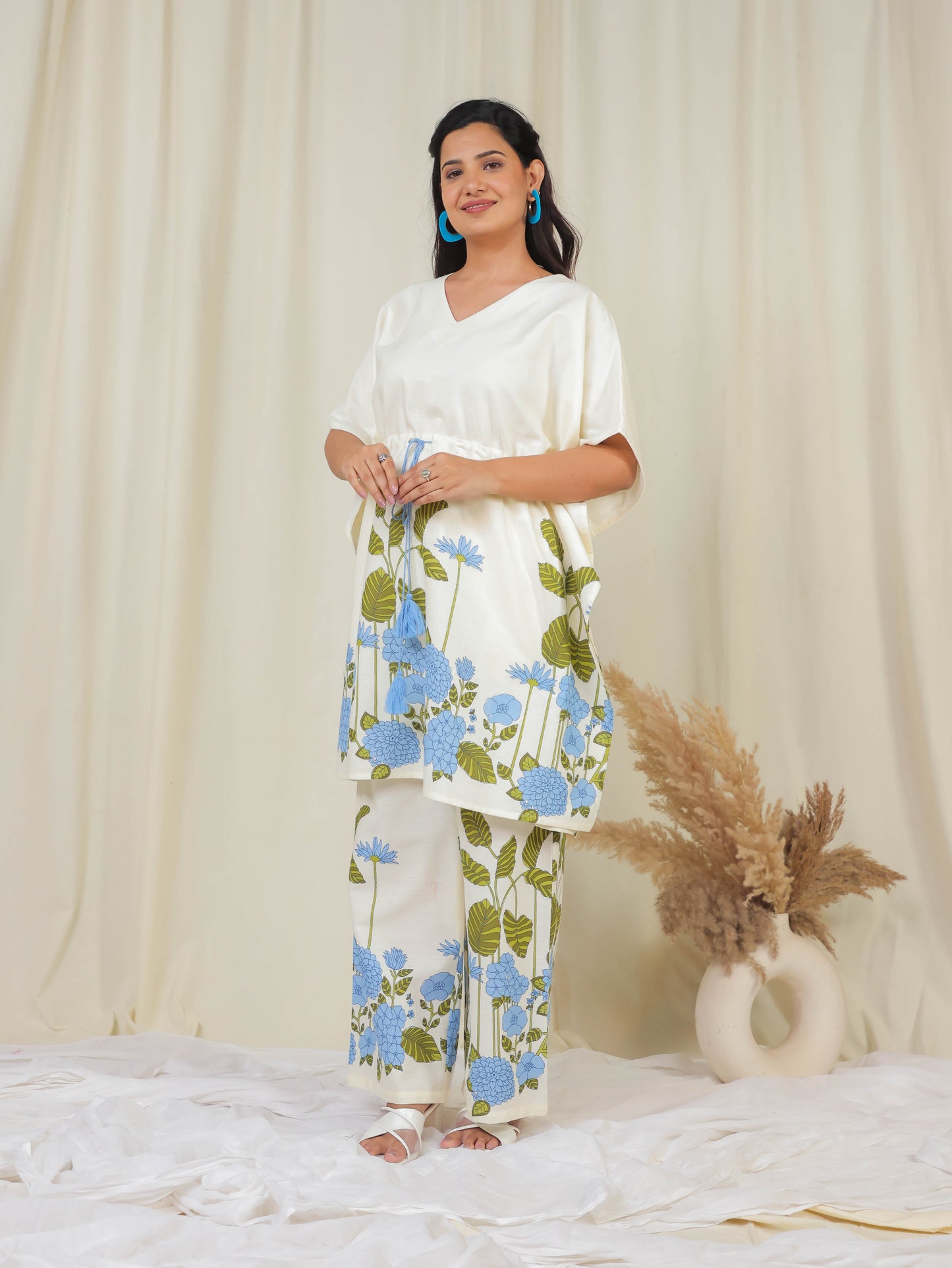 Linen Cotton Placement Print Kaftan Off White Kaftan