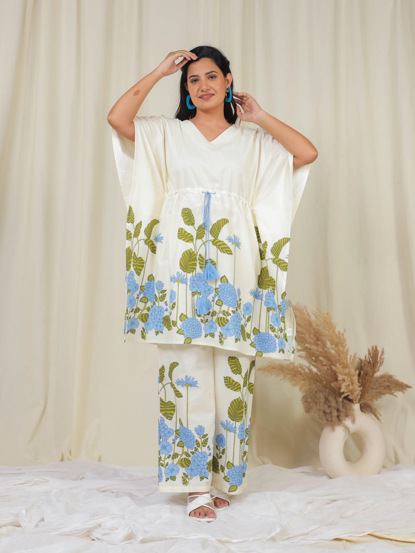 Linen Cotton Placement Print Kaftan Off White Kaftan