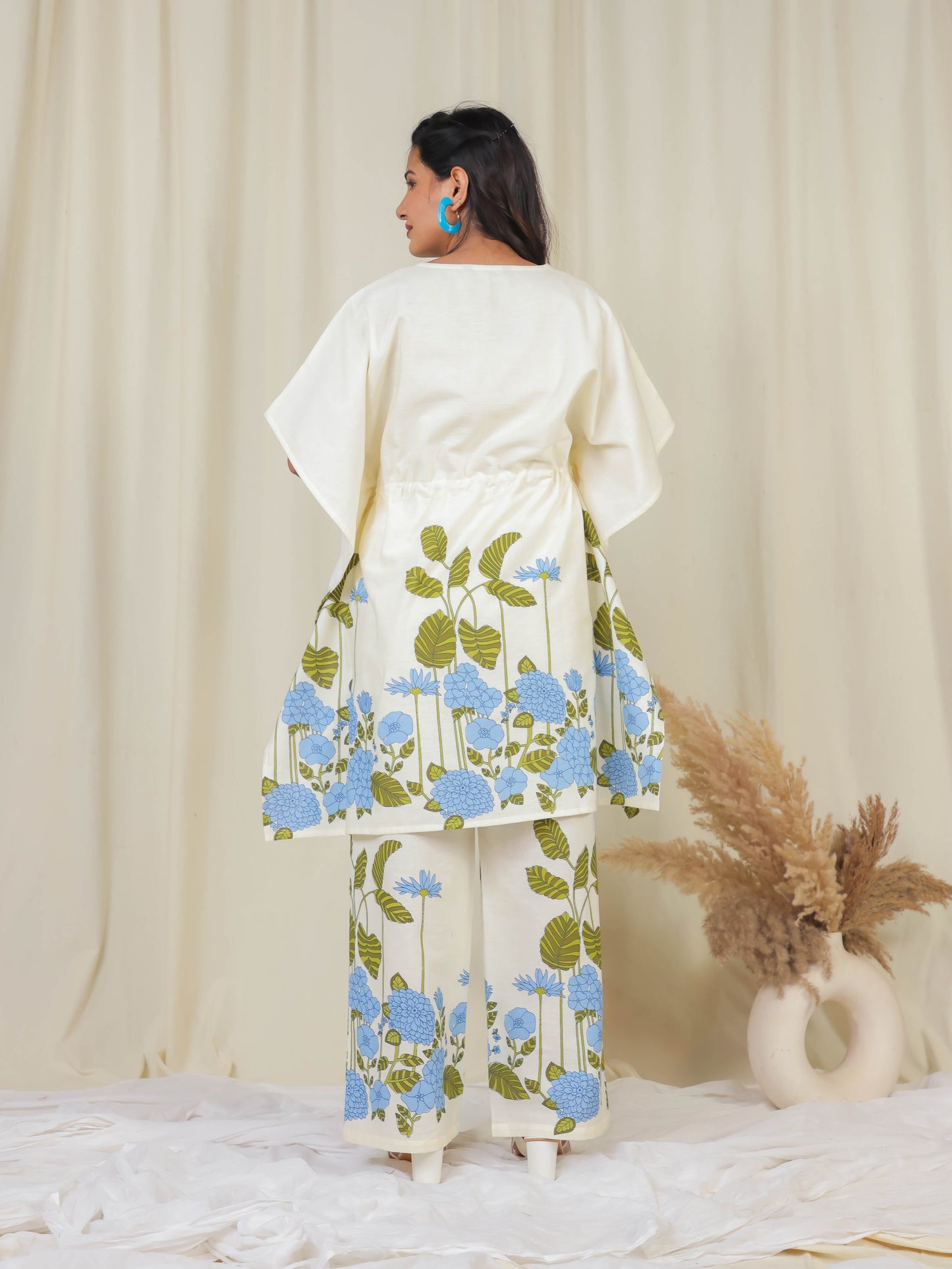 Linen Cotton Placement Print Kaftan Off White Kaftan