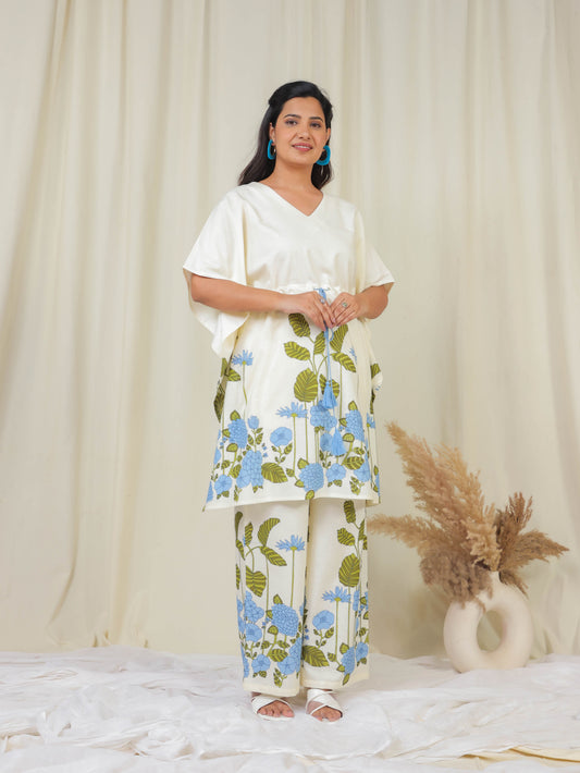 Linen Cotton Placement Print Kaftan Off White Kaftan