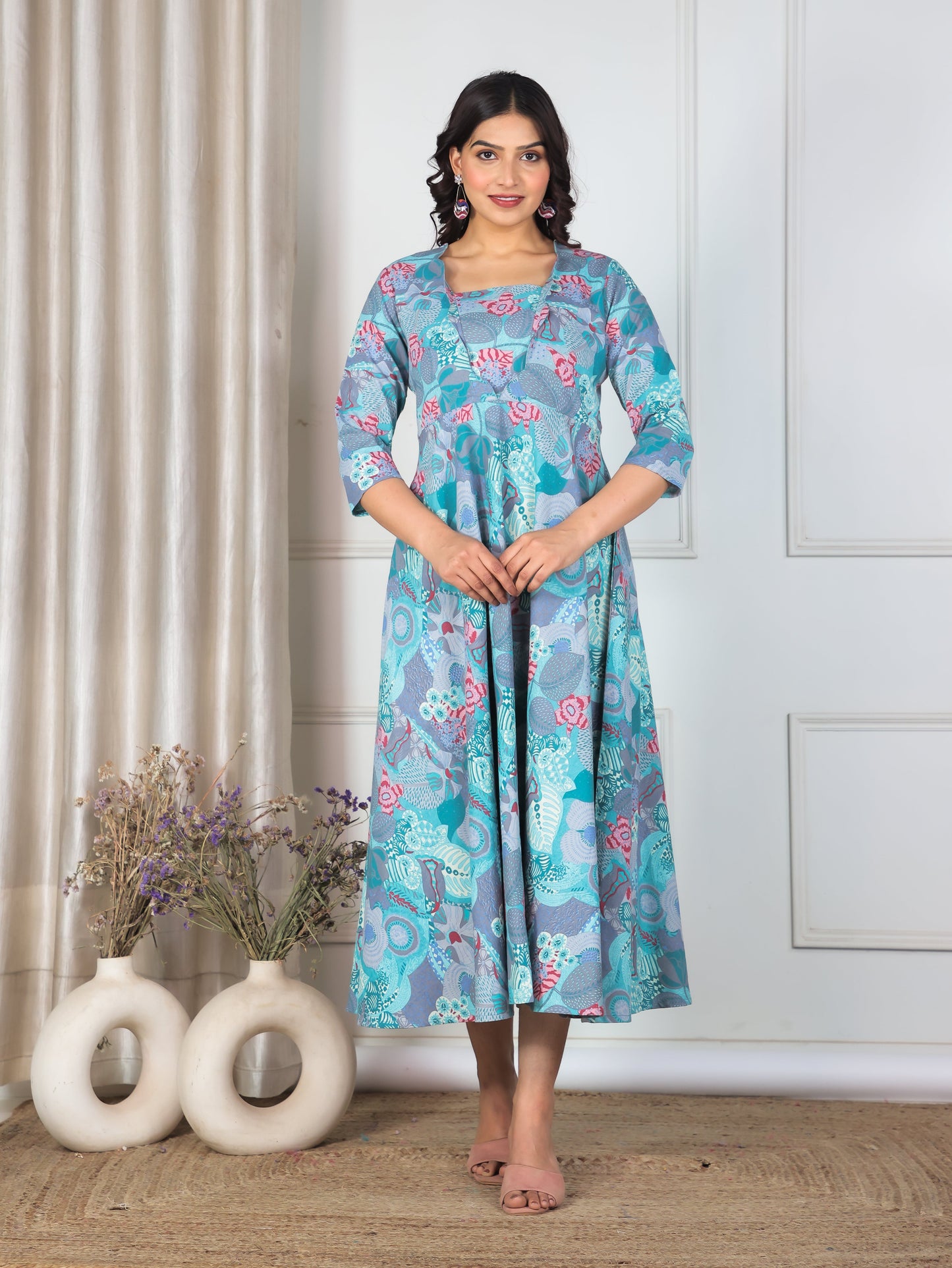 Linen Cotton Abstract Flared Multicolor Dress