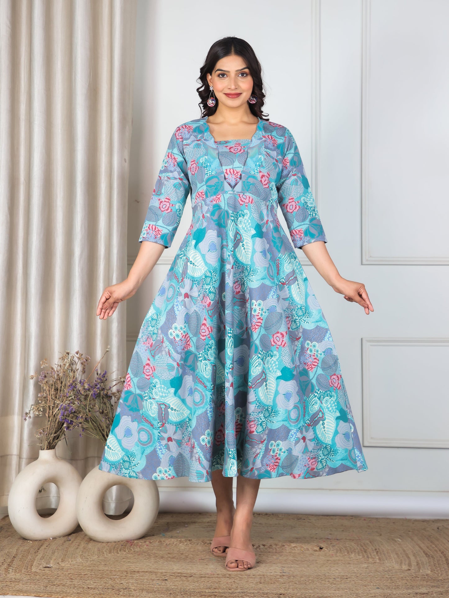 Linen Cotton Abstract Flared Multicolor Dress