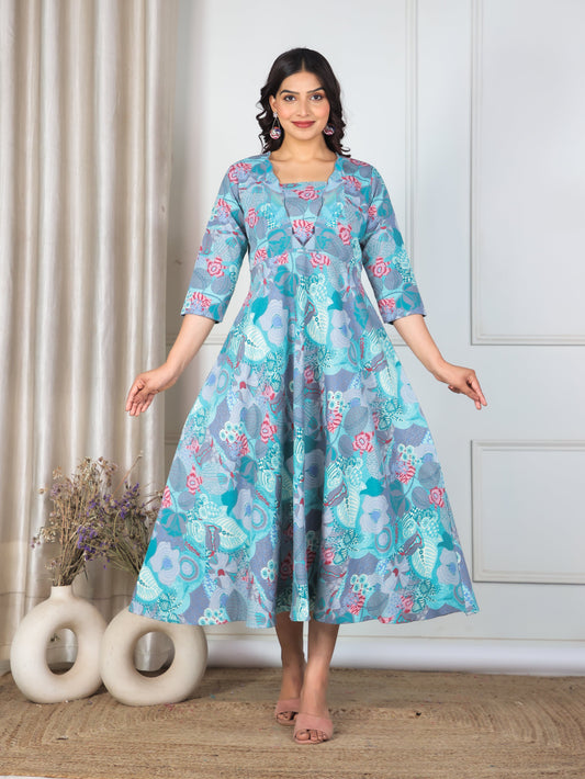 Linen Cotton Abstract Flared Multicolor Dress