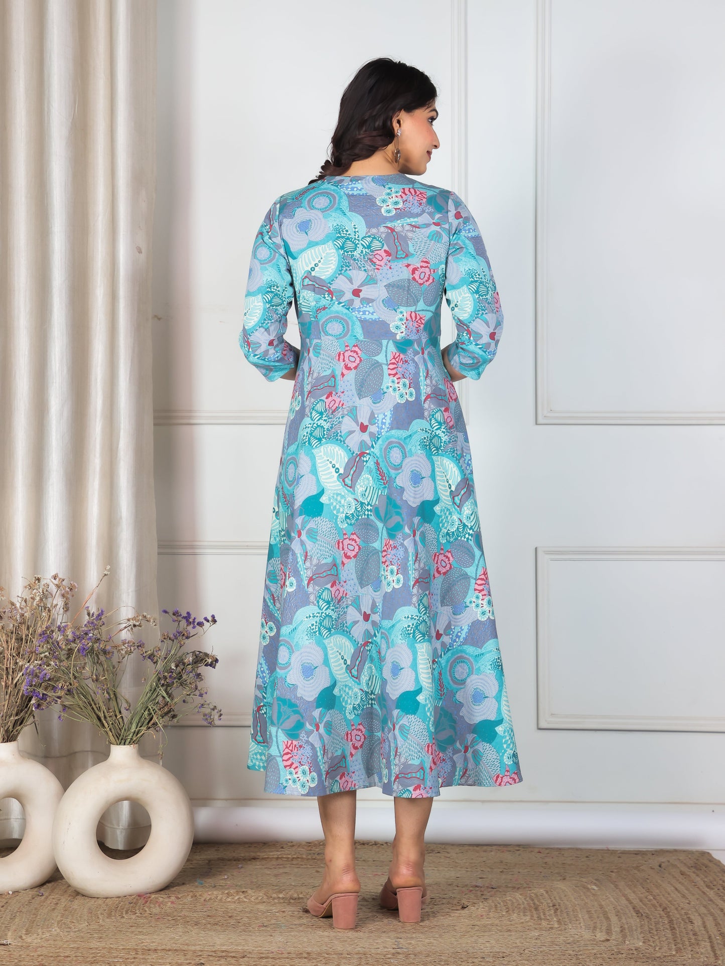 Linen Cotton Abstract Flared Multicolor Dress