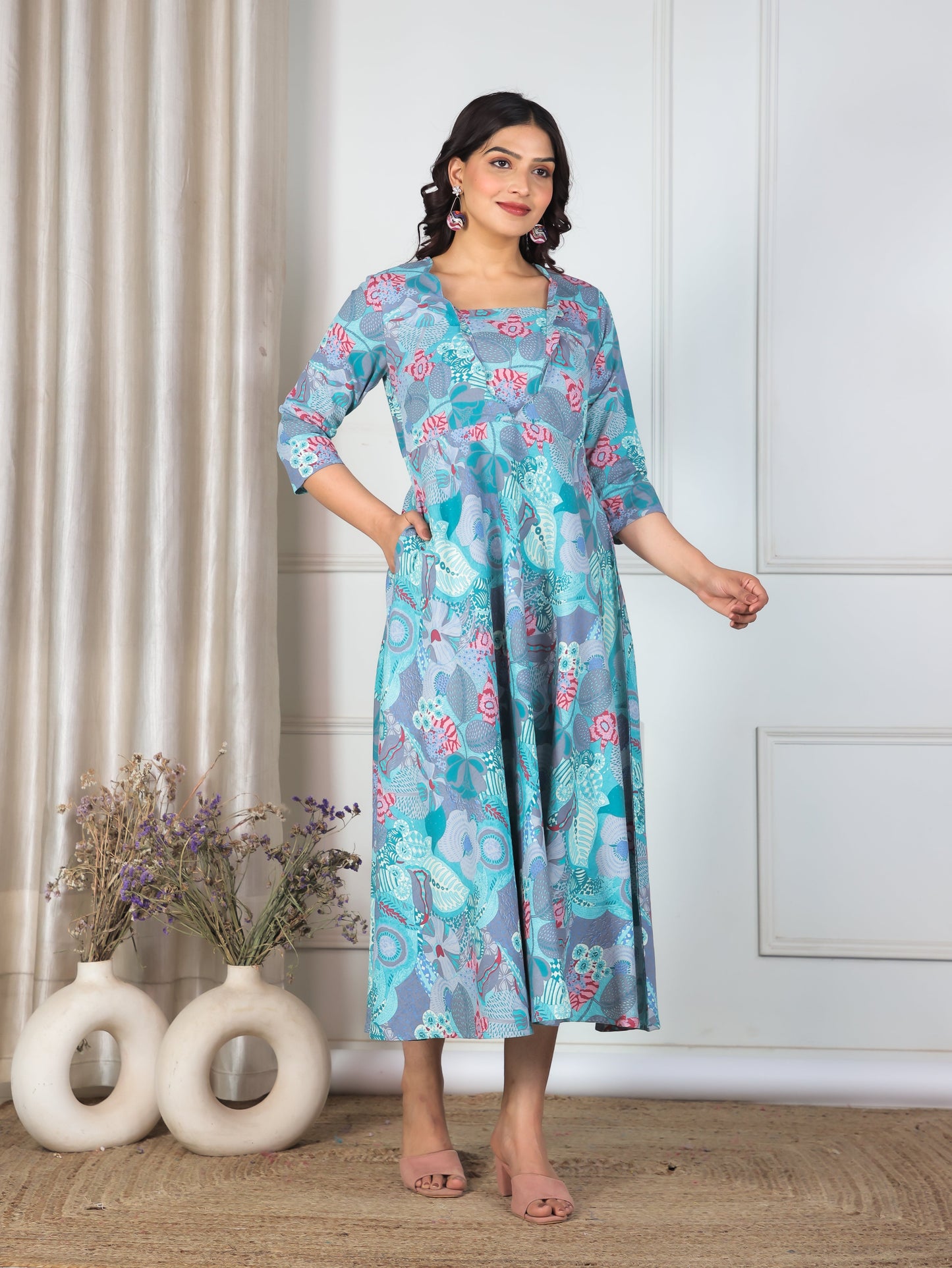 Linen Cotton Abstract Flared Multicolor Dress