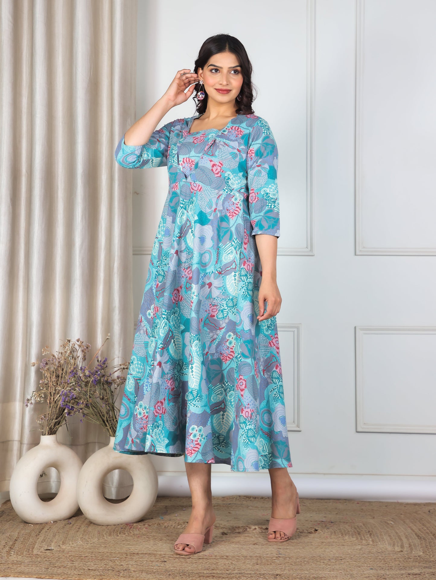 Linen Cotton Abstract Flared Multicolor Dress