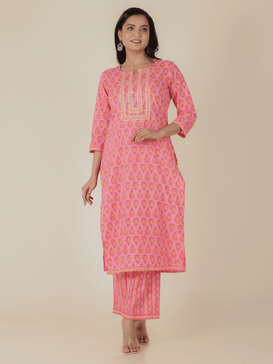 Soft Cotton Floral Straight Pink Kurta