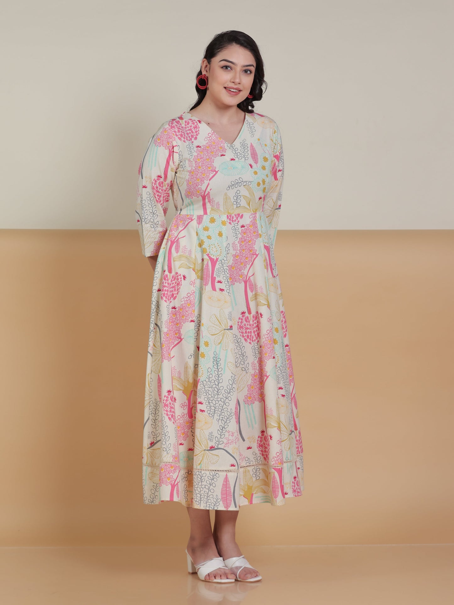 Linen Cotton Floral Flared Off White Dress