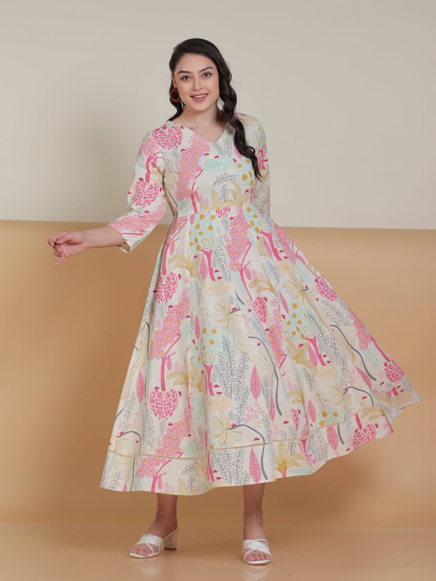 Linen Cotton Floral Flared Off White Dress