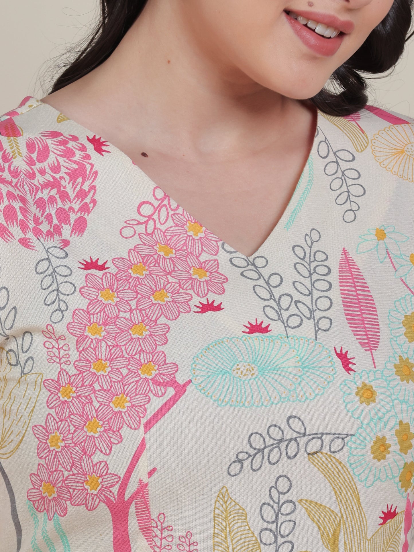 Linen Cotton Floral Flared Off White Dress