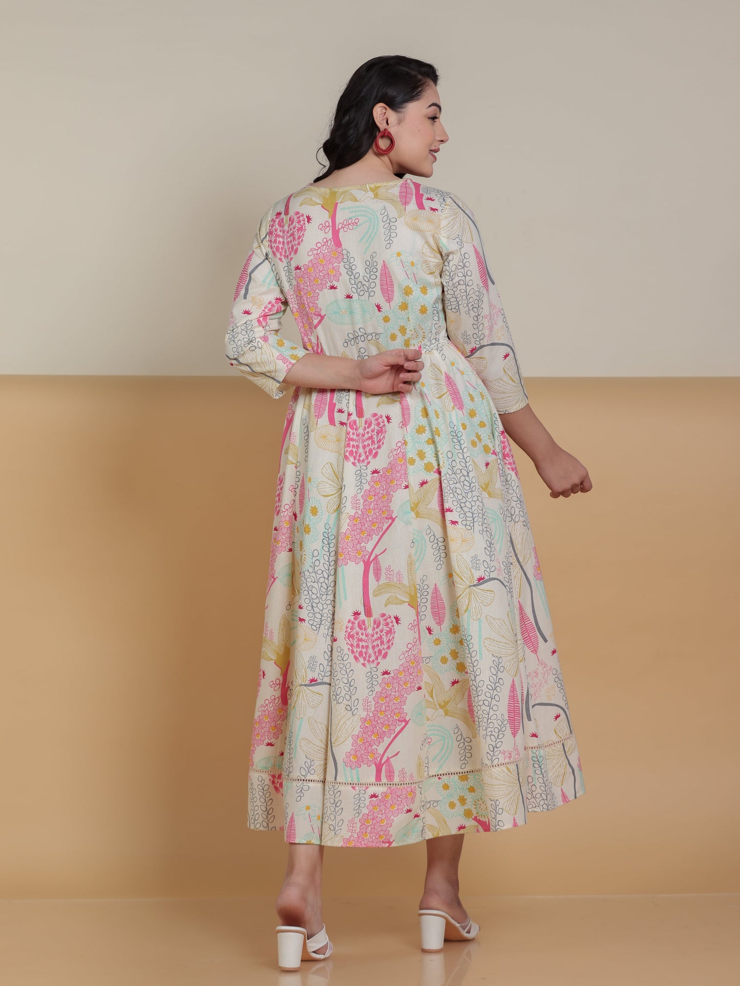 Linen Cotton Floral Flared Off White Dress