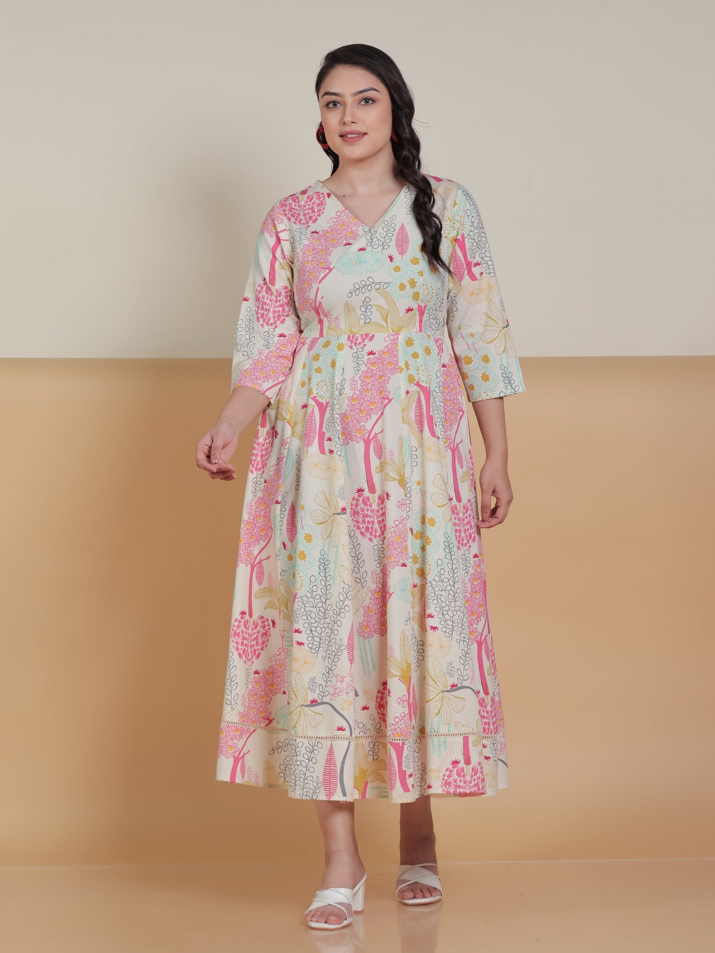 Linen Cotton Floral Flared Off White Dress