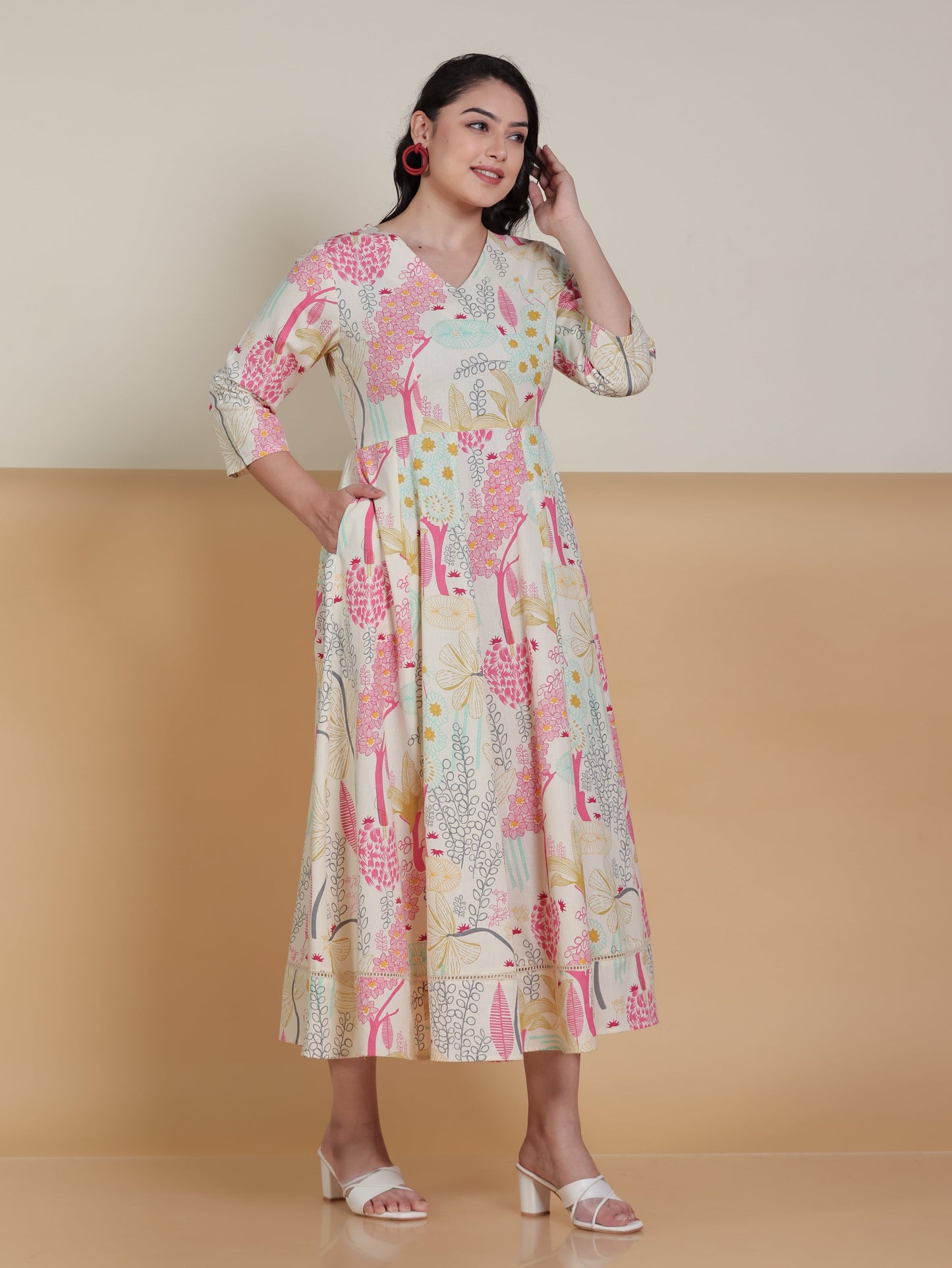Linen Cotton Floral Flared Off White Dress