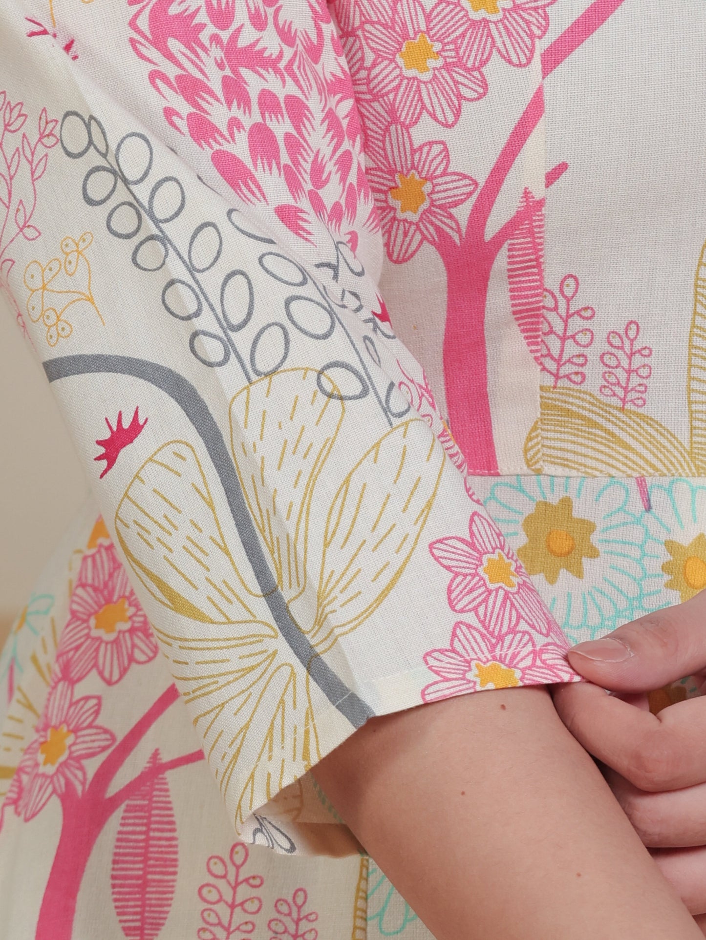 Linen Cotton Floral Flared Off White Dress