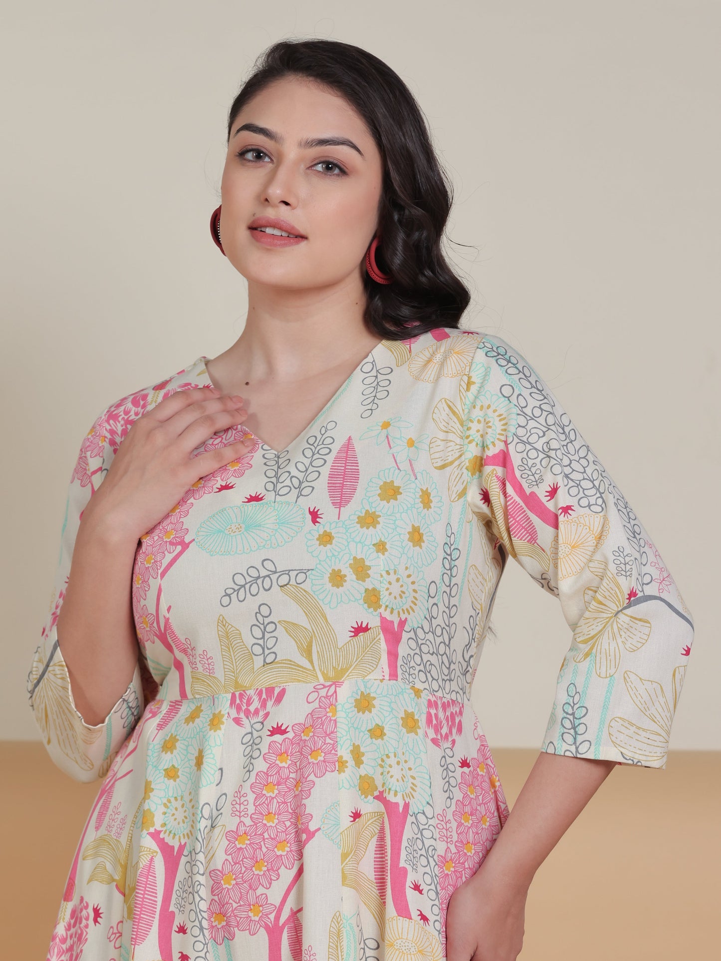 Linen Cotton Floral Flared Off White Dress