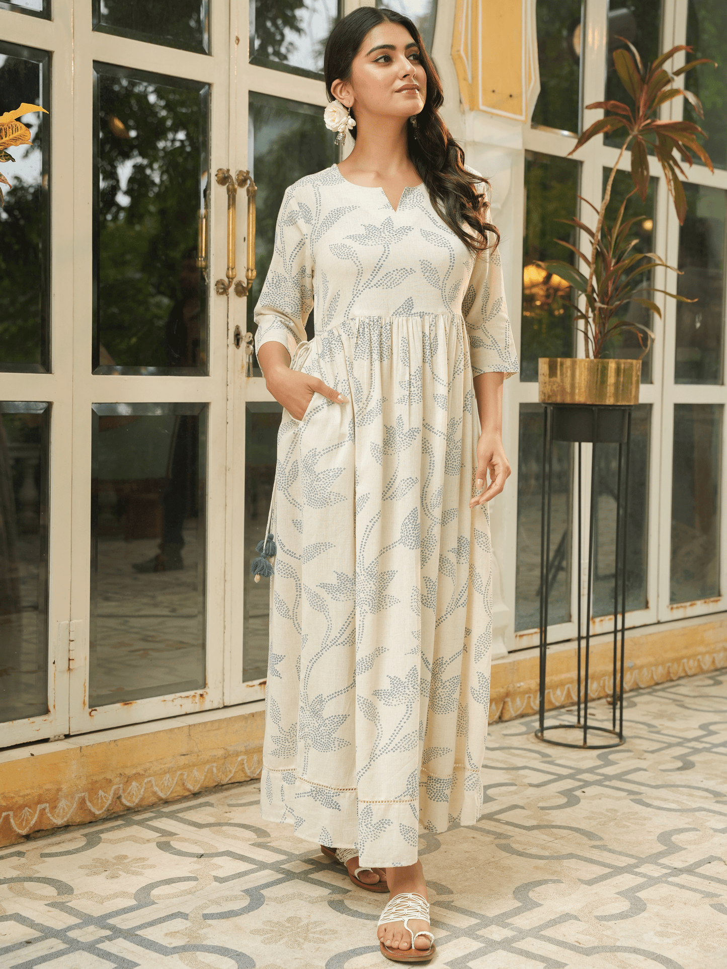 Linen Cotton Floral Anarkali Off White Dress