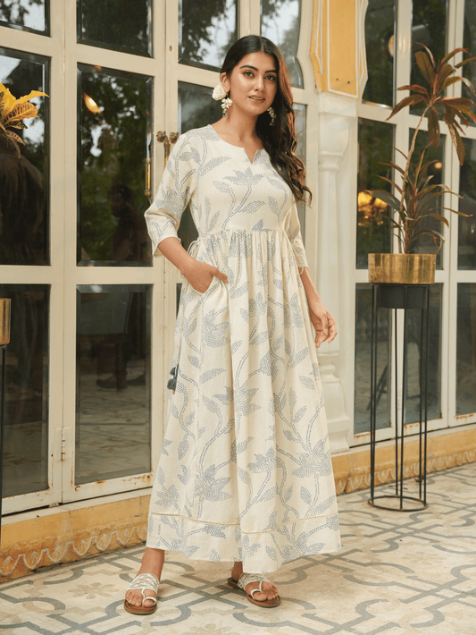 Linen Cotton Floral Gathered Off White Dress