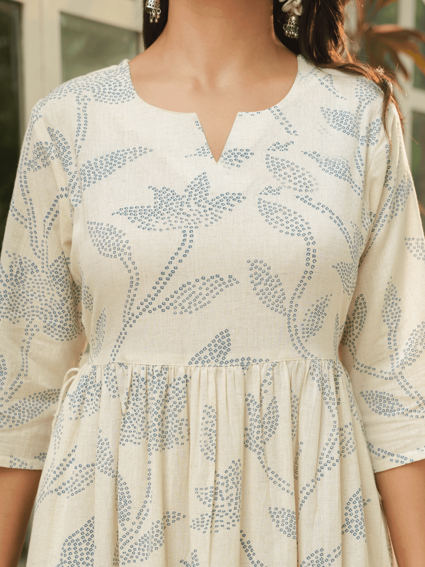 Linen Cotton Floral Anarkali Off White Dress