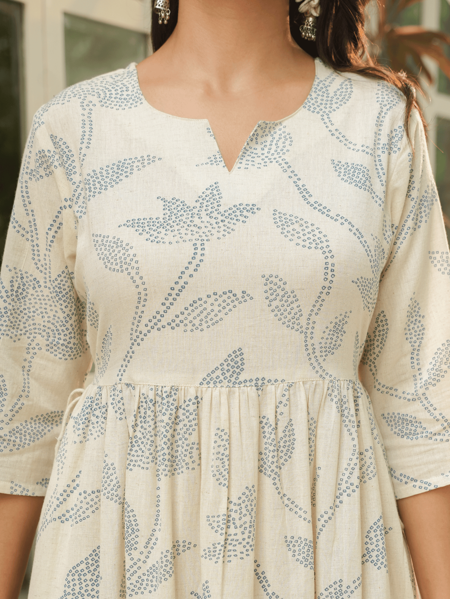 Linen Cotton Floral Gathered Off White Dress