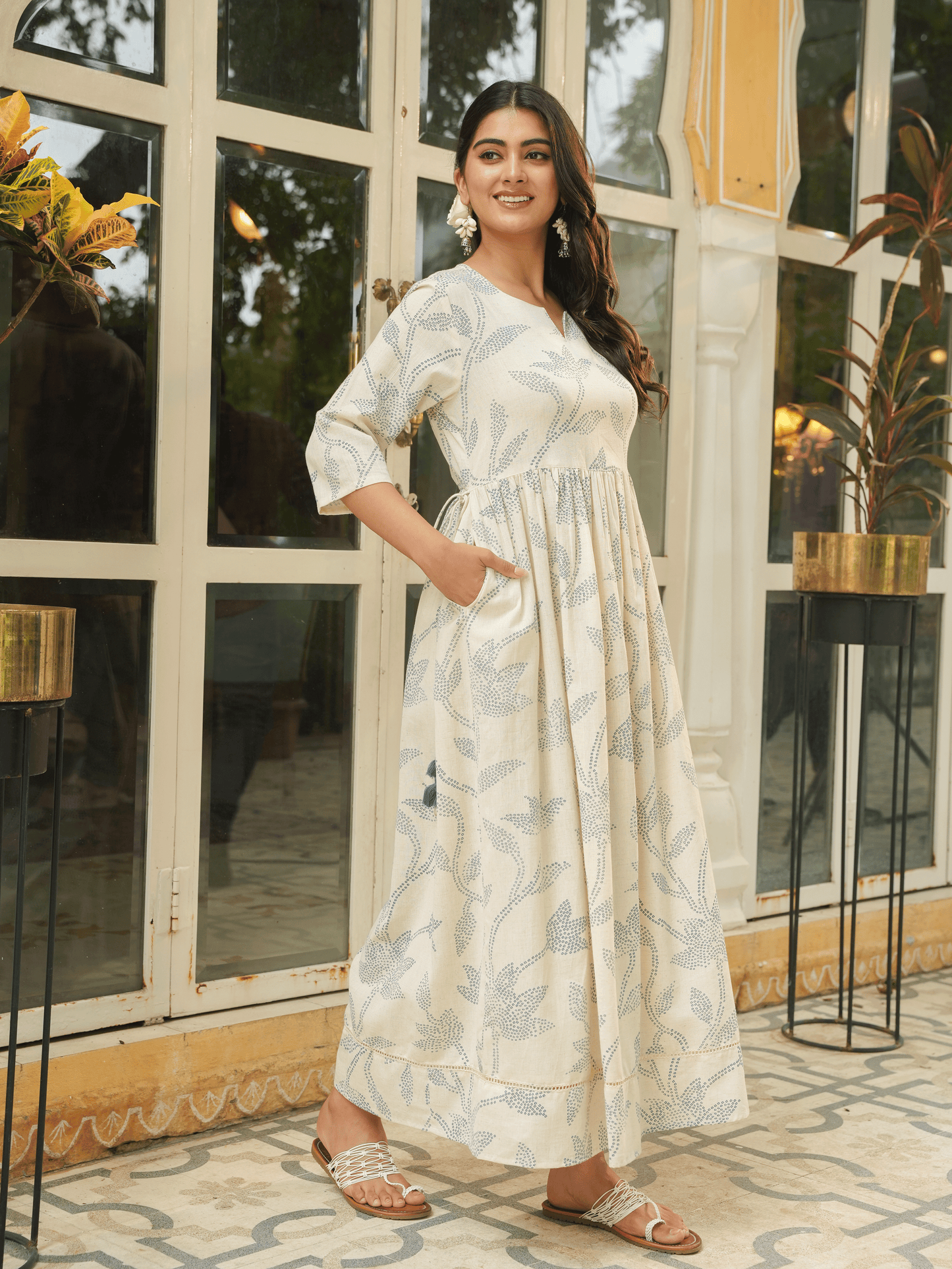 Linen Cotton Floral Anarkali Off White Dress