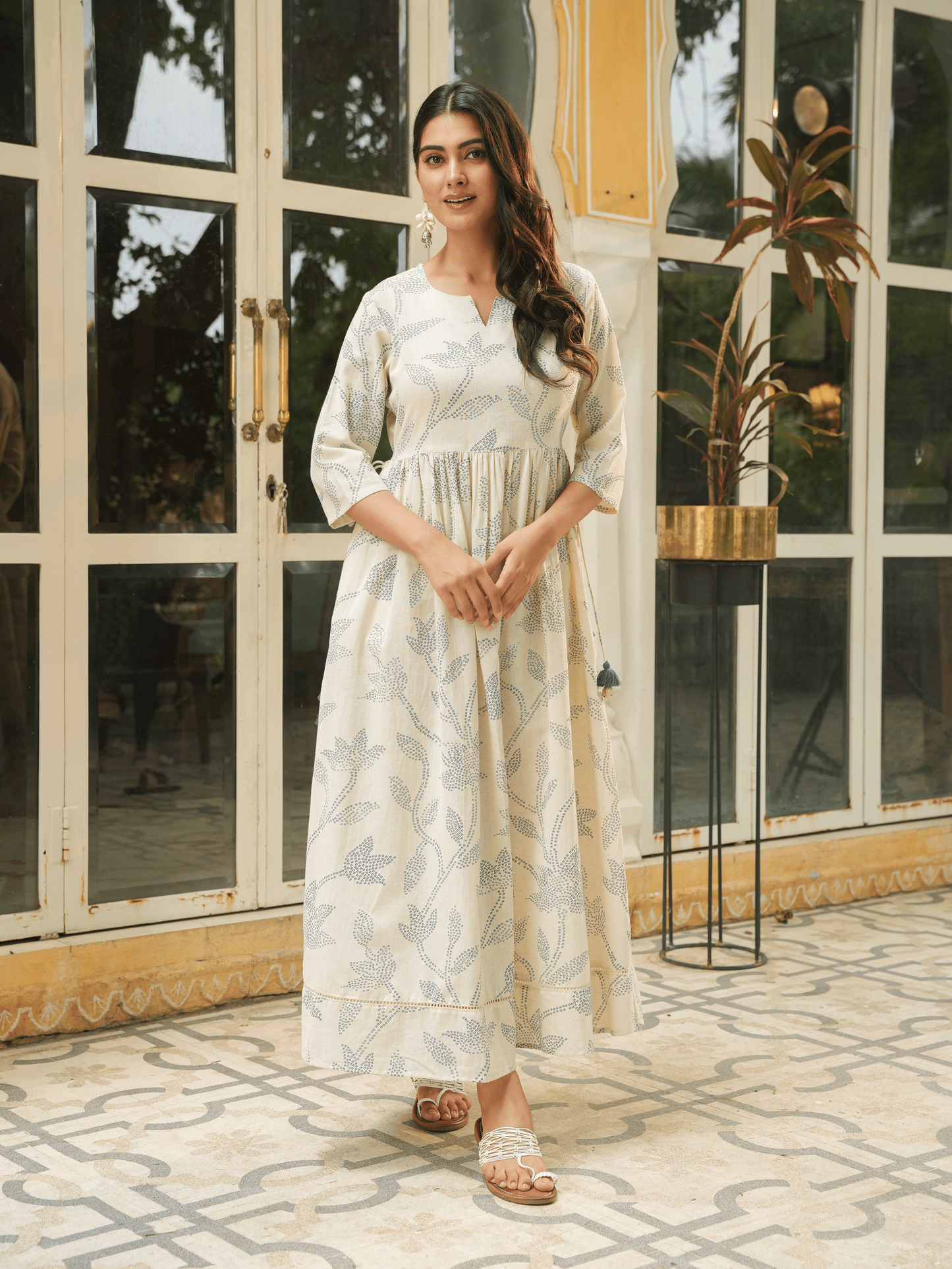 Linen Cotton Floral Anarkali Off White Dress