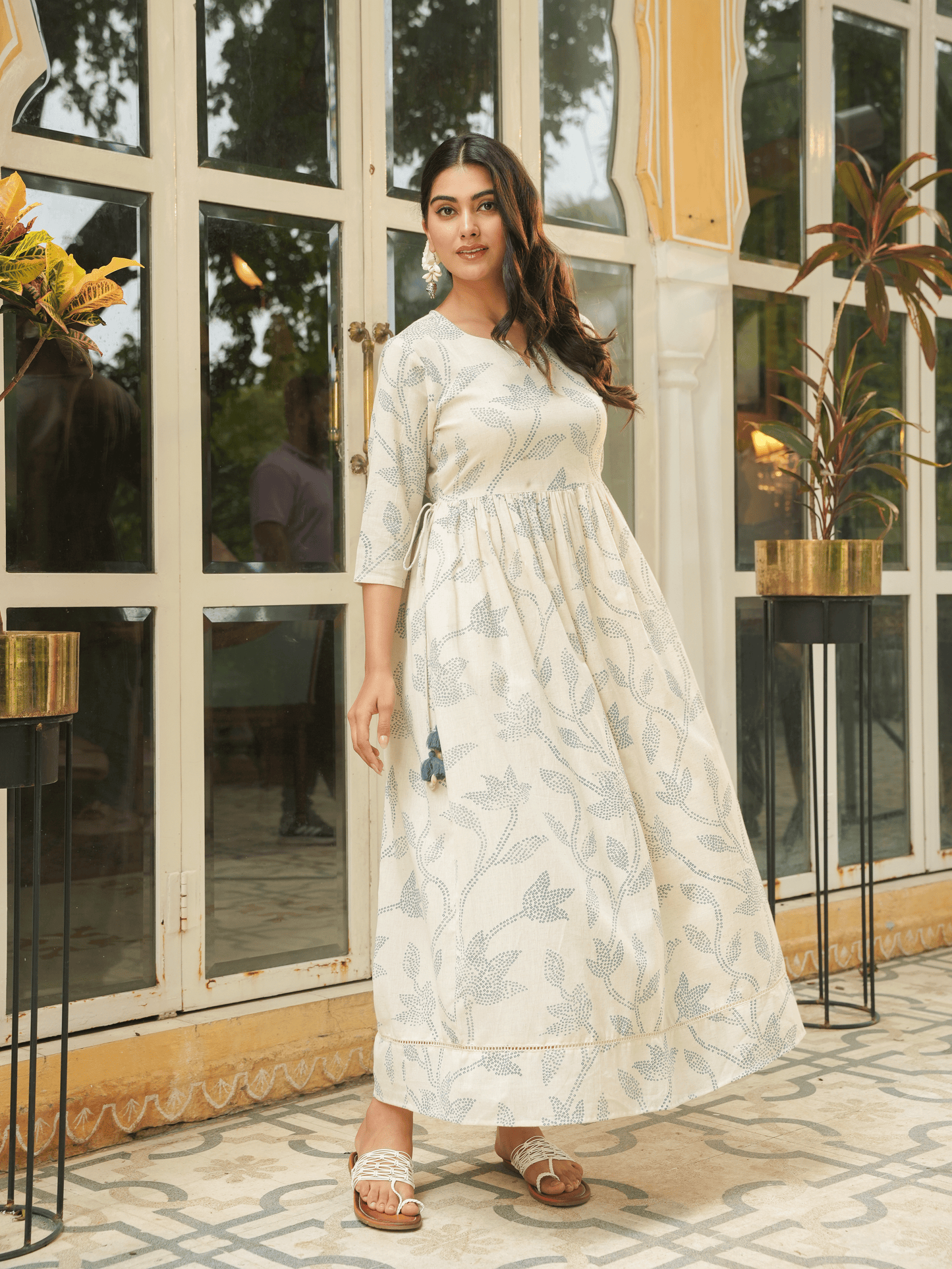 Linen Cotton Floral Anarkali Off White Dress