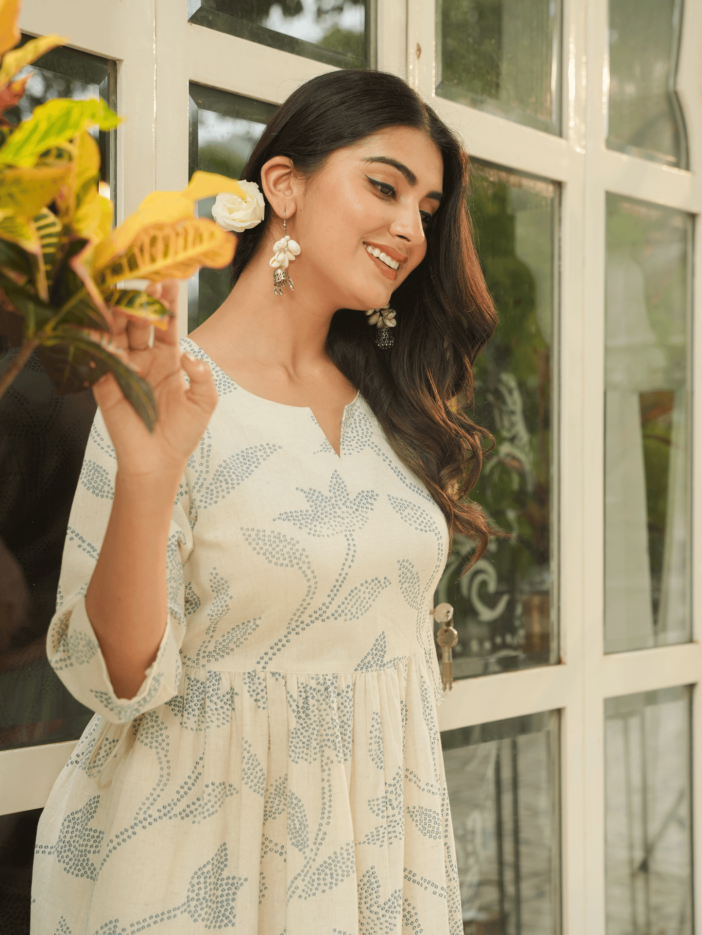 Linen Cotton Floral Anarkali Off White Dress