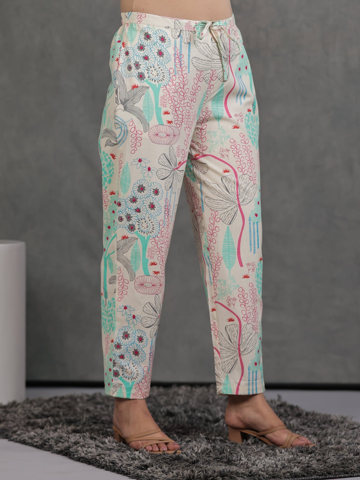 Linen Cotton Foliage Off White Tapered Trousers