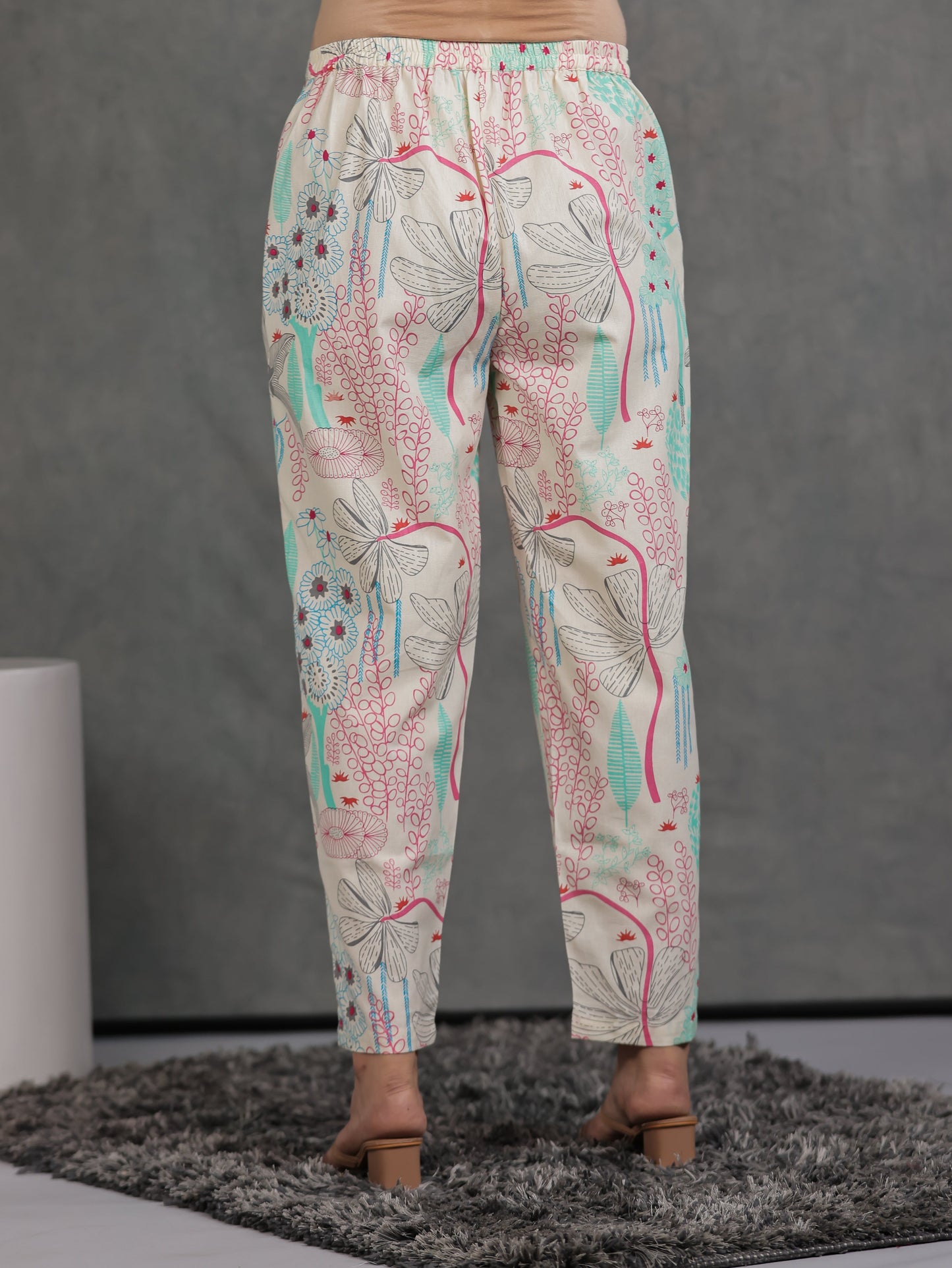 Linen Cotton Foliage Off White Tapered Trousers