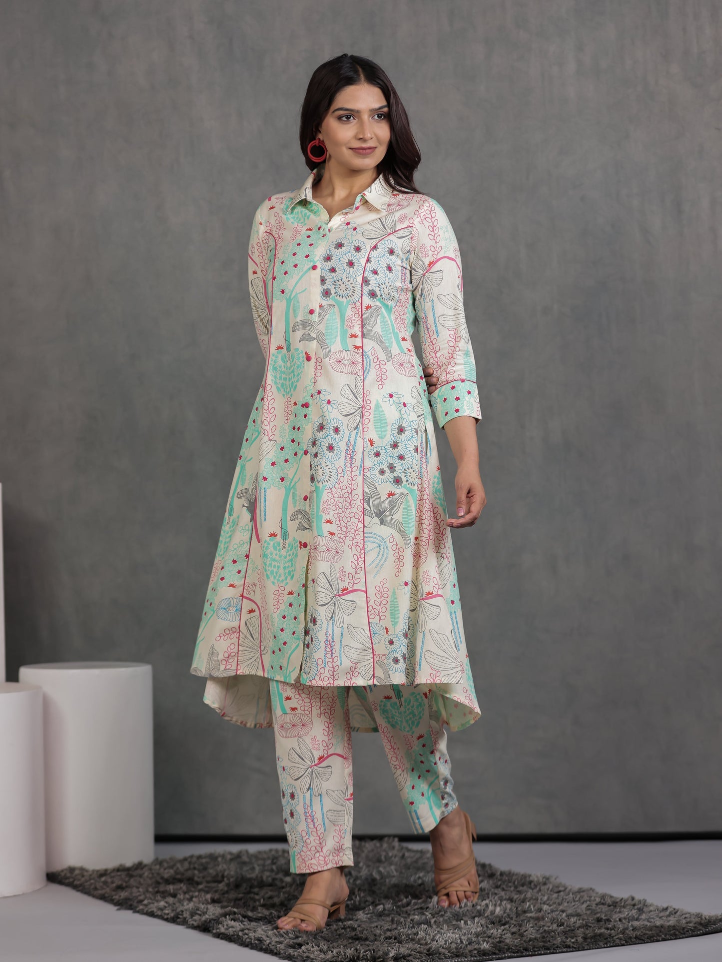 Linen Cotton Foliage High Low Off White Kurta